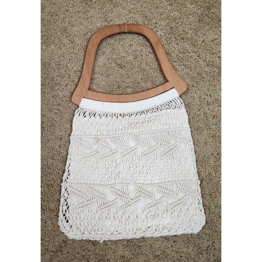 Vintage Macrame Crochet Hand Bag‎ with Wooden Handle Cream Beachy Boho Lined